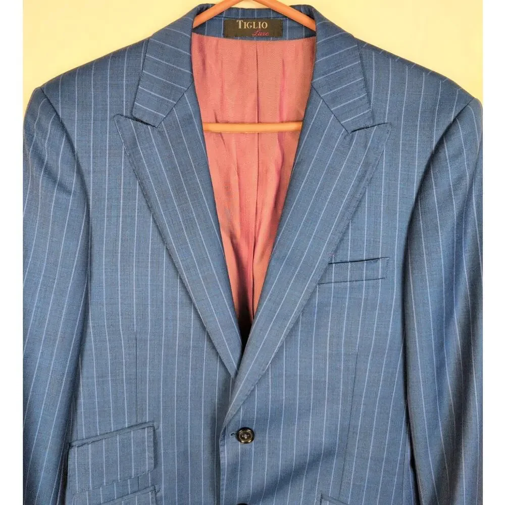 Tiglio Luxe blue pinstripe wool blazer jacket Size 38R Preppy Old Money Classic
